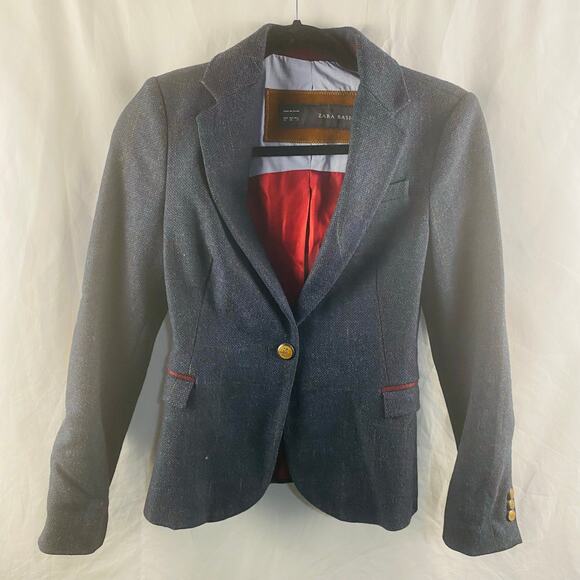 Zara Basic Navy Lambswool Tweed Blazer Elbow Patches XS Preppy Academia Career - Picture 1 of 9